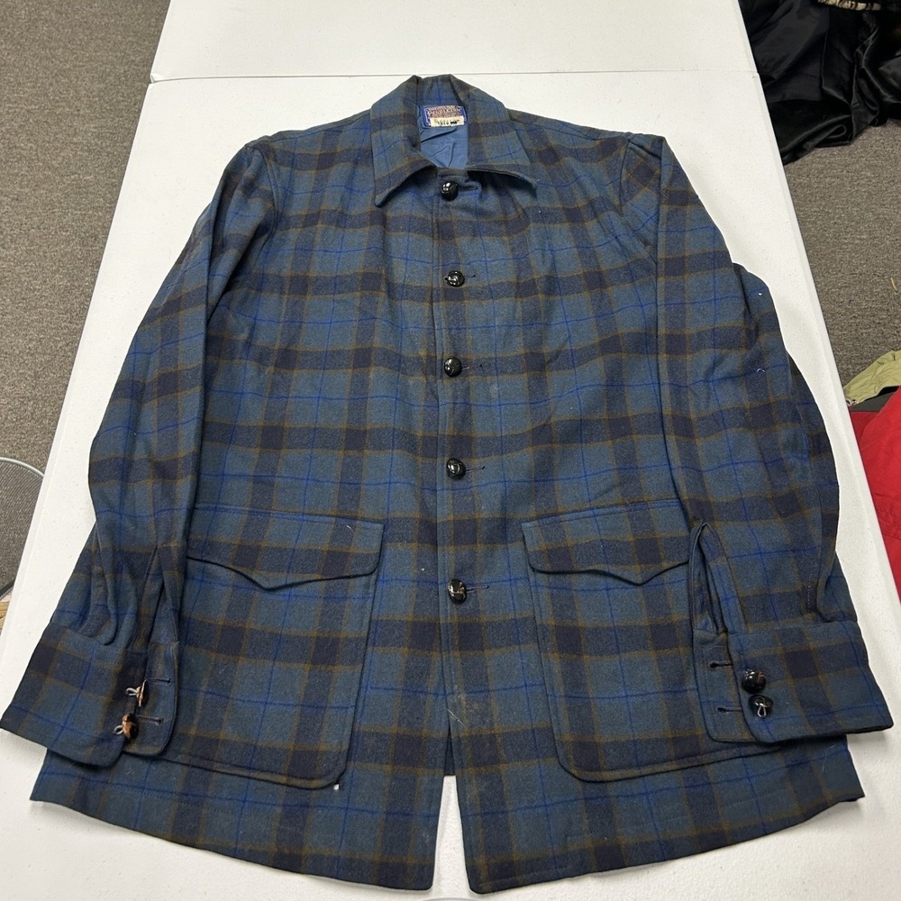 70s Pendleton Wool Field Jacket Mens M Blue Brown Plaid Vintage Chore Coat